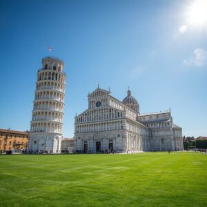 Piazza dei Miracoli a Pisa con la Torre Pendente, il Duomo e il Battistero, prato verde, cielo azzurro, fotografia
